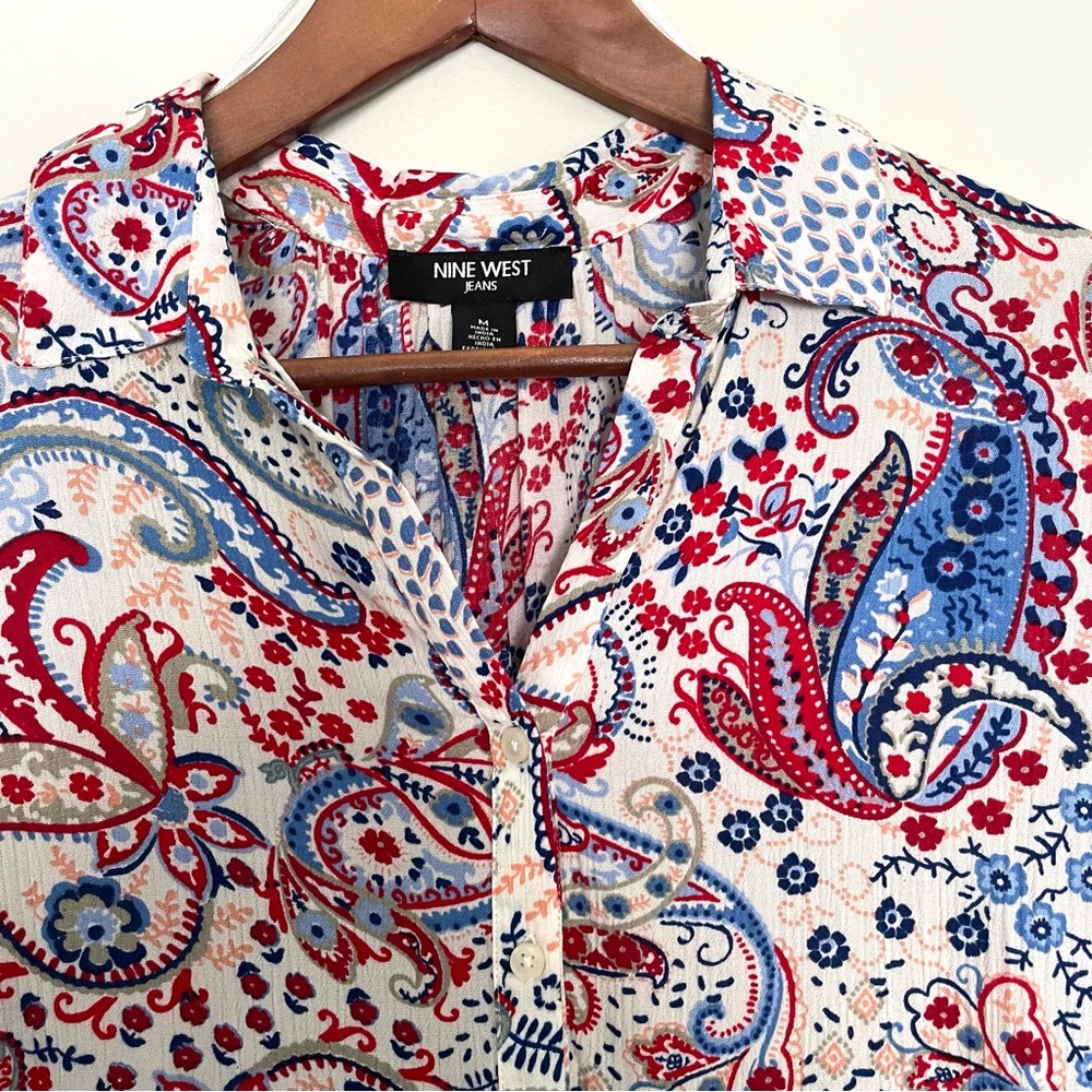 NINE WEST Paisley Summer Blouse Shirt Top Red White Blue size Medium